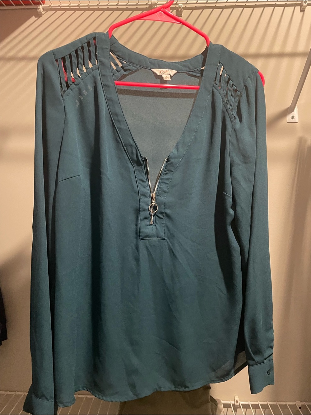 Women's Teal Long-Sleeve Zip Front Blouse
